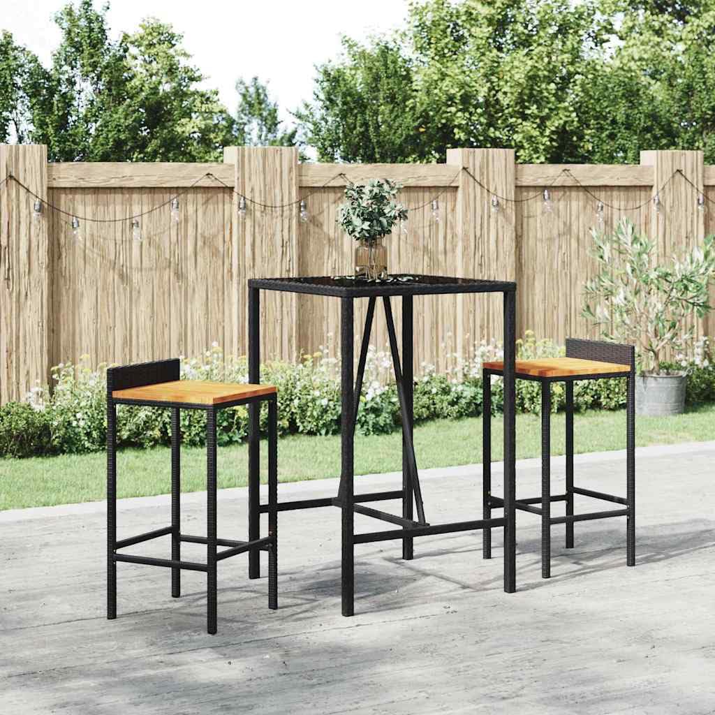 Tavolo da bar e sgabelli da giardino, 3 pezzi, in legno di acacia, rattan PE, nero | Vetro temperato, struttura in acciaio, poggiapiedi integrato, resistente alle intemperie, facile da pulire