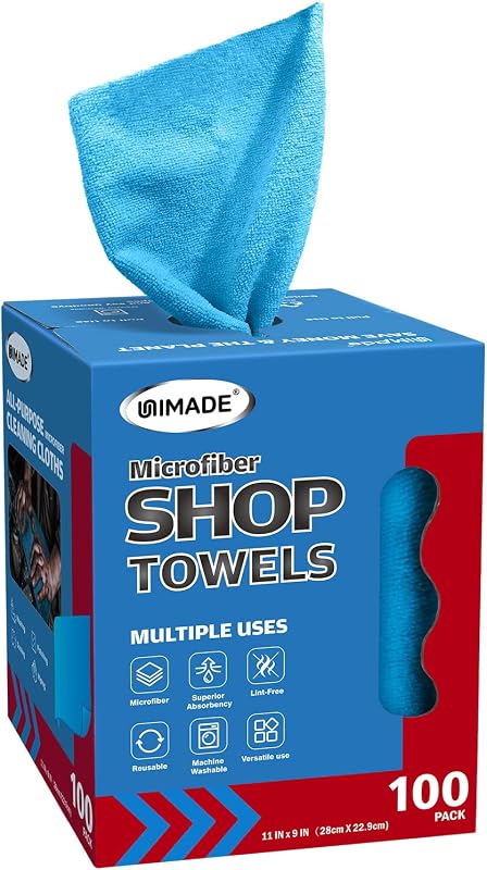 Shop Towels, 100 Sheets Microfiber Cleaning Cloth | Commercial Grade Washcloths Lint-Free Bulk Shops Rags for Cars Mechanic Restaurant Garage Housekeeping, 11"x 9", Blue