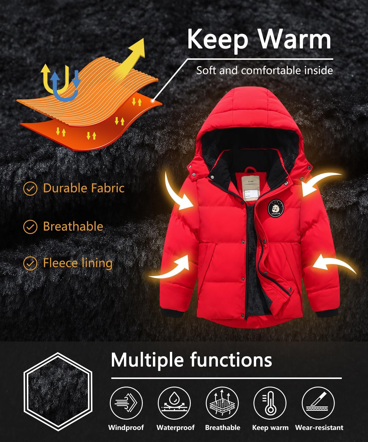 Kids Boy's Winter Waterproof Puffy Cotton Jacket Fleece Lined Lightweight Down Coat Thick Hooded Outdoor Coat - Image 5