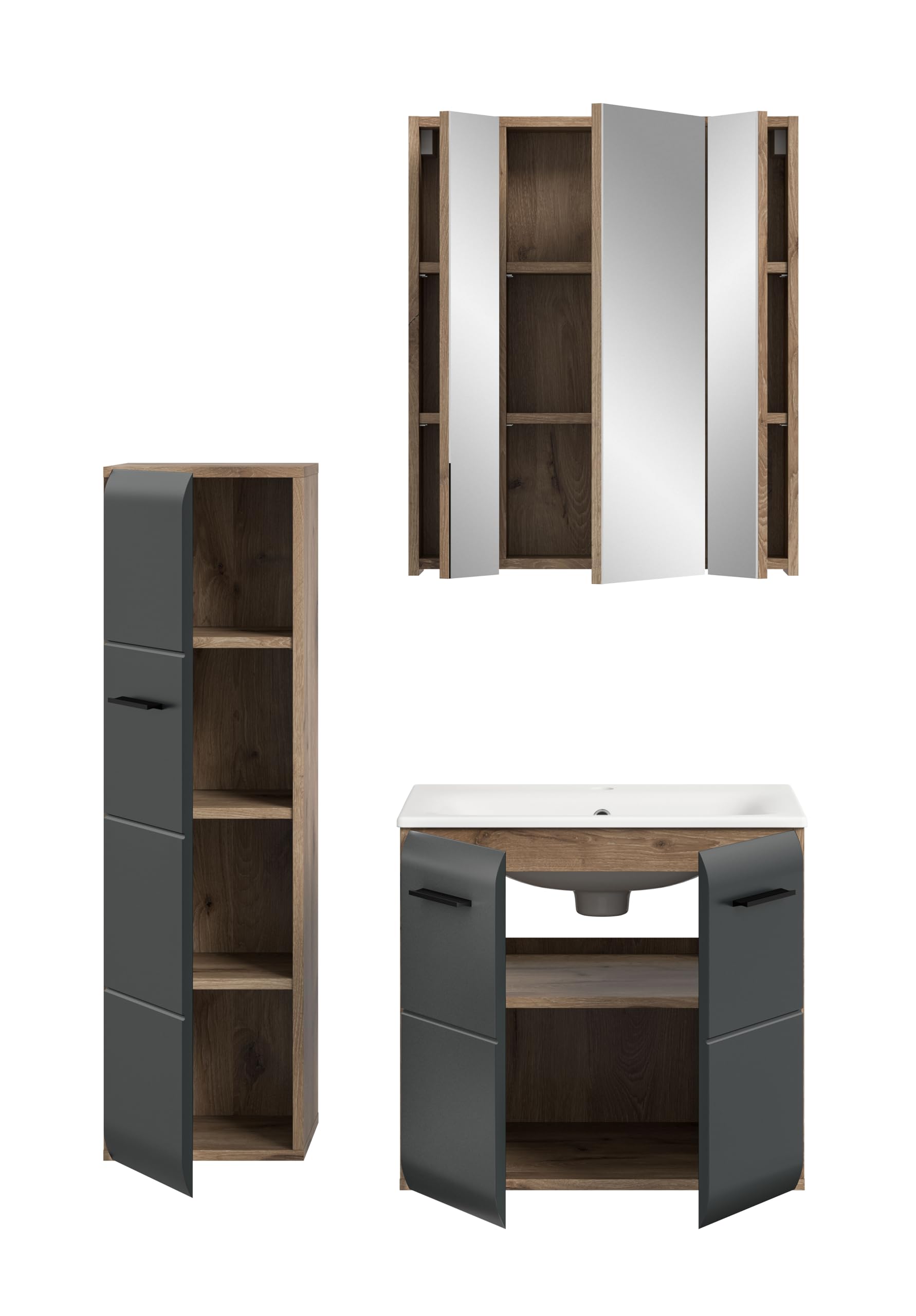 xonox.home – 3 TLG. Badmöbel Kombination Ice 105x185x46 cm in Korpus Nox Oak Nachbildung und Front schwarz matt – Platzsparendes Badezimmermöbel-Set in modernem Hochglanz-Look – Bild 3