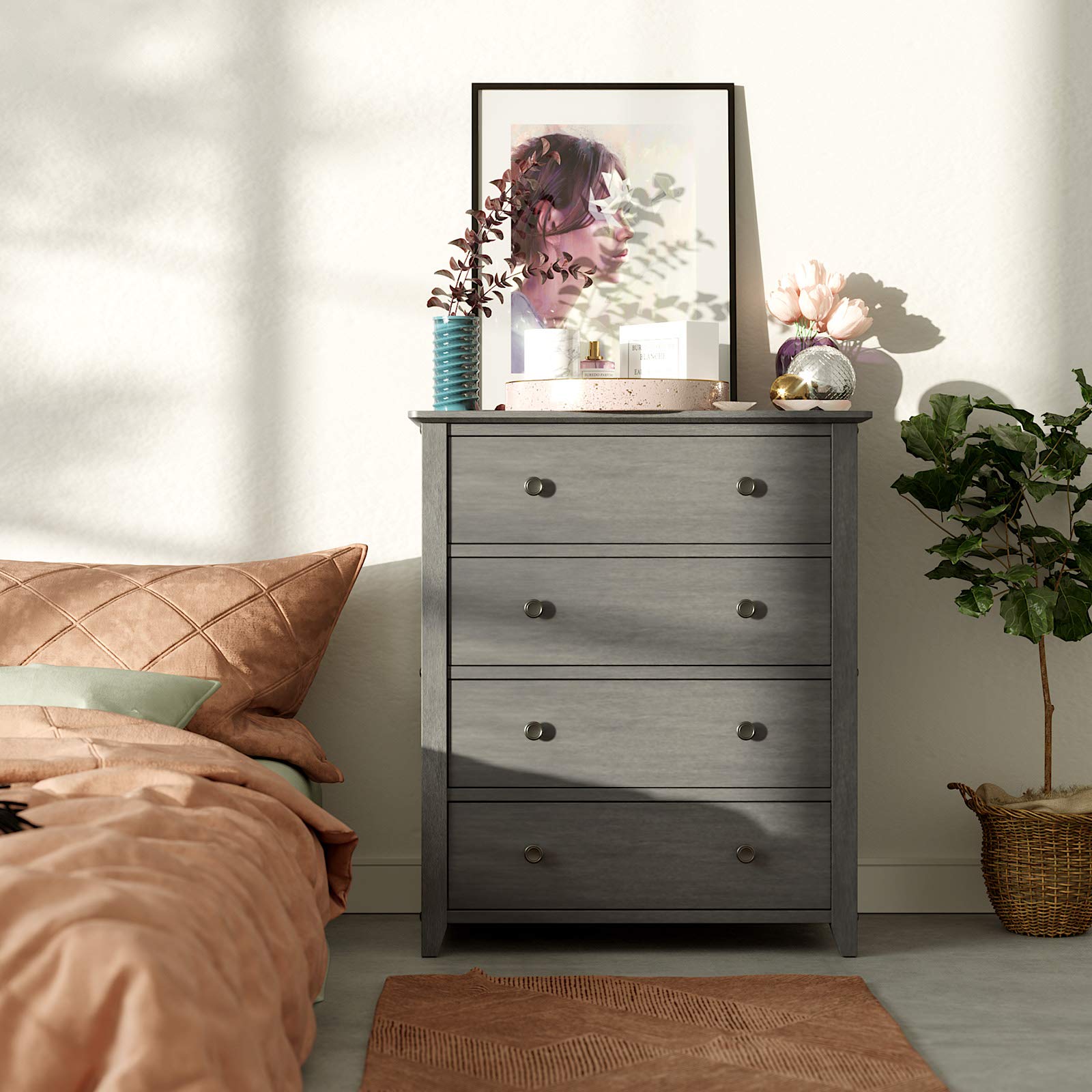 Amazon.com - VASAGLE 4-Drawer Dresser Chest of Drawers, Bedside Table with  Solid Wood Legs, for Living Room, Bedroom, Office, Entryway, 28.3 x 17.7 x  33.5 Inches, Gray URCD34GY -