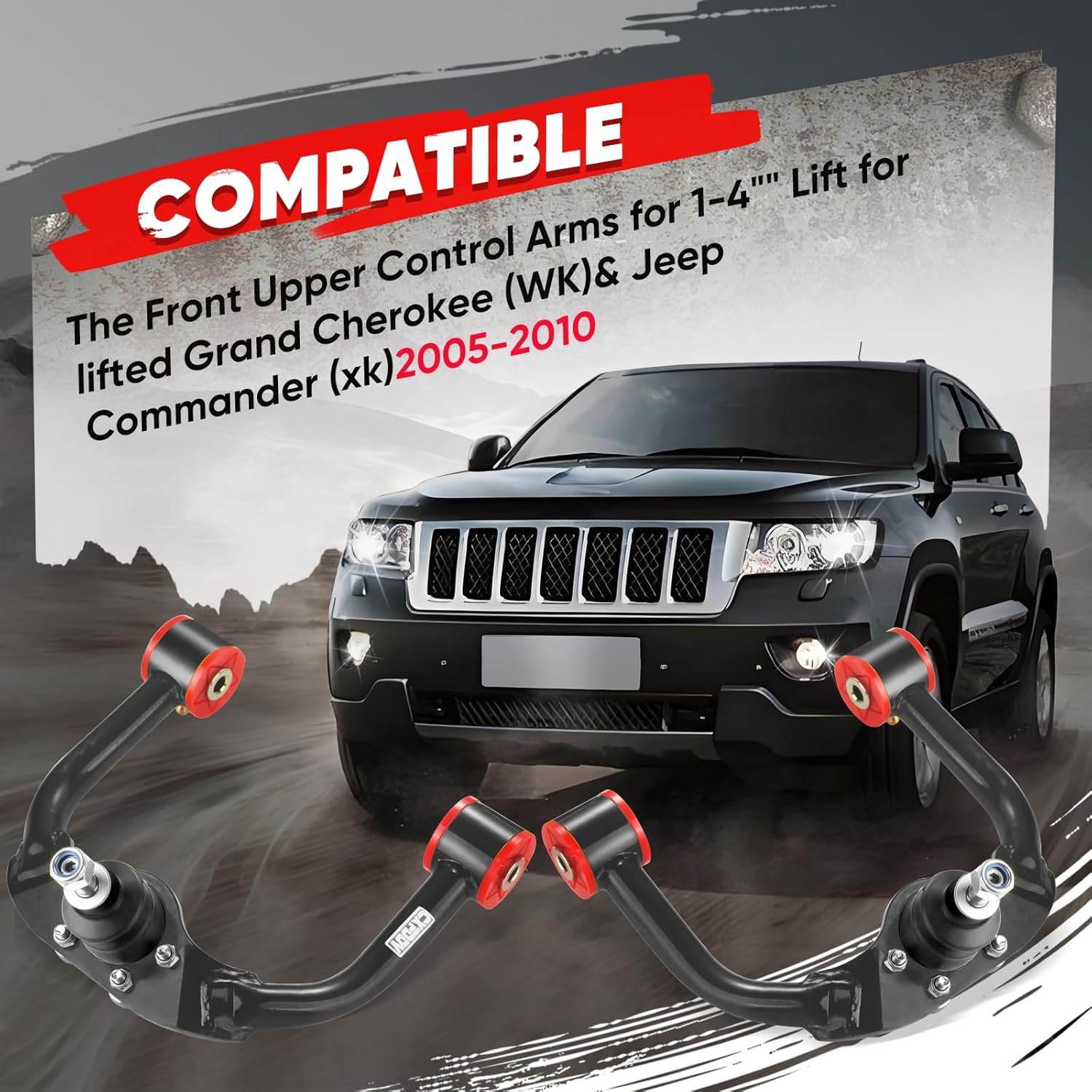 1-4" Lift Front Upper Control Arms for Jeep Grand Cherokee WK & Commander XK 2005-2010 - Alloy Steel Construction, Designed for Jeep Enthusiasts and DIY Modders black