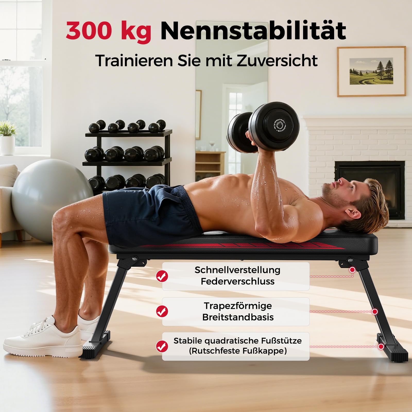 FLYBIRD Flachbank, faltbare Flachhantelbank, stabil für alle Arten von Krafttraining & Bankdrücken, einfach zu montieren für Heimübungen, maximale Tragfähigkeit 300 kg