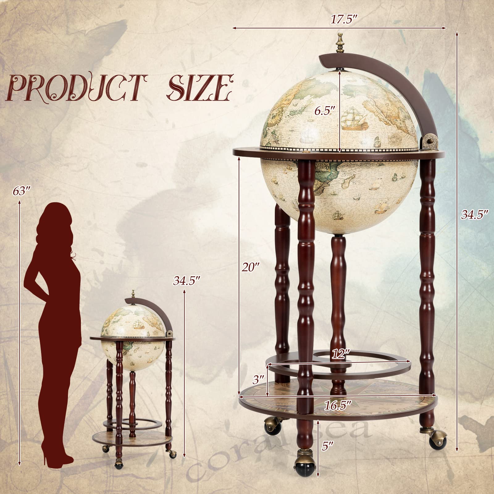HPPYGRILL Globe Bar, 17.5” Wine Bar Stand Italian Wooden Globe Wine Cart Liquor Bottle Shelf, 16th Century Retro Wine Cupboard with Wheels for Dining Room Living Room, Retro Brown: B