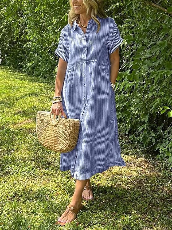 utcoco Button Down Shirt Dress for Women 2025 Summer Oversized Short Sleeve Stripes Vacation Midi Dress - Image 2