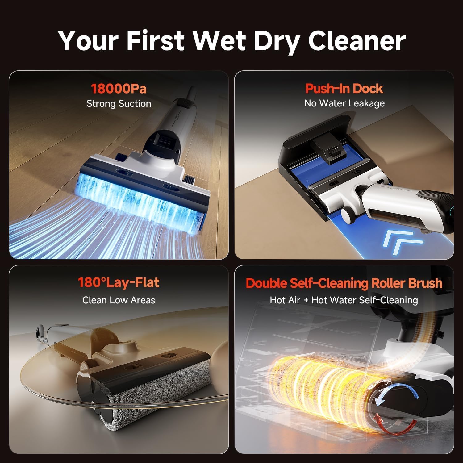 uwant Wet Dry Vacuum Cleaner 180°Lay-Flat Push-in Vacuum Mop All in One with 18000Pa Suction Auto Self-Cleaning Anti Odor Stick Dual-Edge Vacuum Cleaner Set of 1 for Hard Floor/Carpet D100