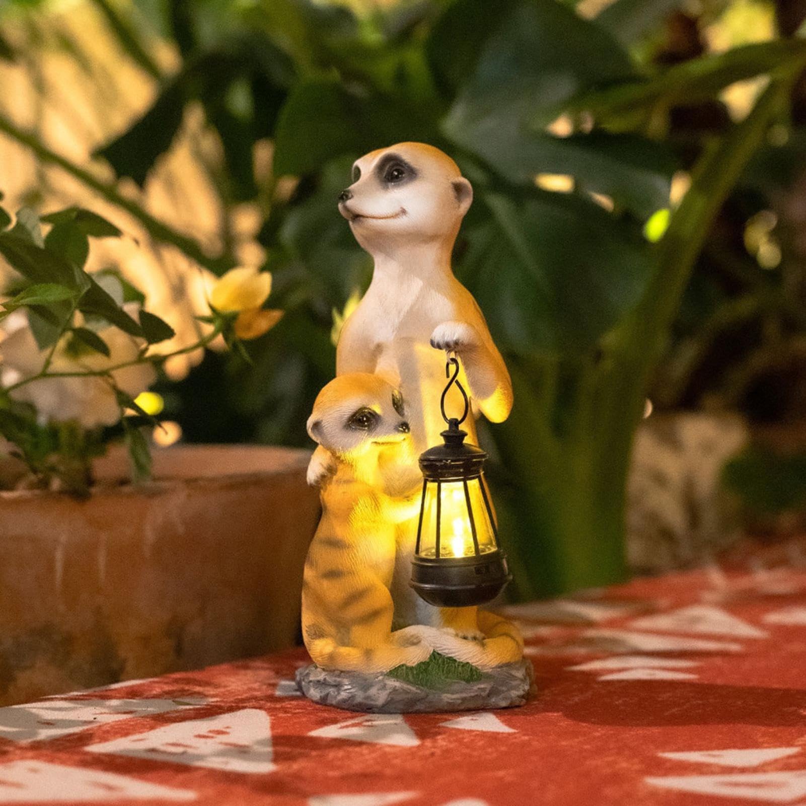 Statue De Jardin Suricate Avec Lanterne Solaire - Décoration Extérieure Résistante Aux Intempéries, 25 Cm, Résine