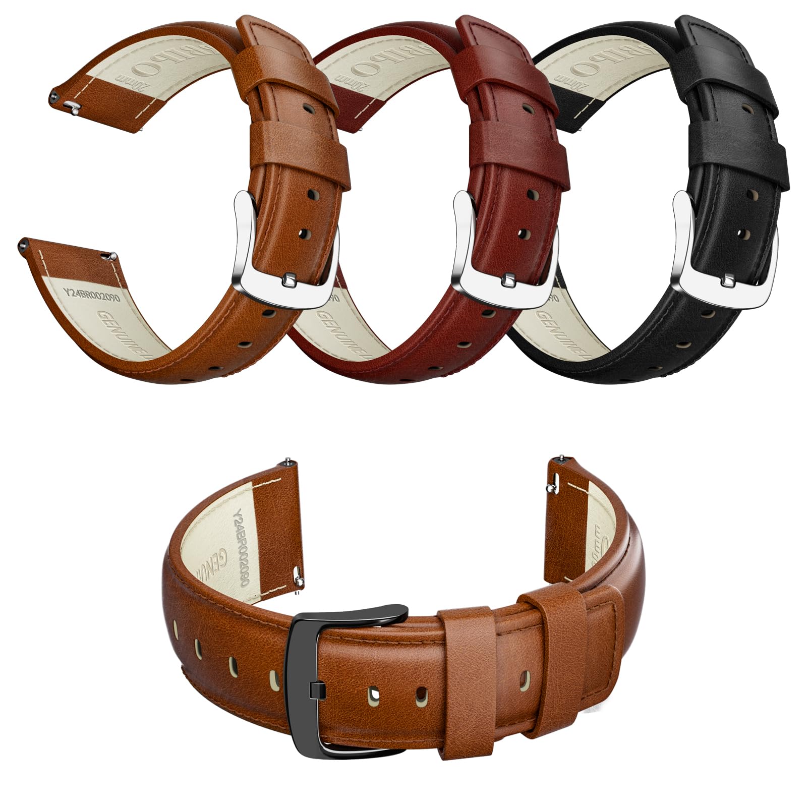 RBIPO14mm 16mm 18mm 20mm 21mm 22mm 23mm 24mm Leather Watch Band Quick Release Watch Strap Replacement Deployment Buckle Wristband for Men and Women