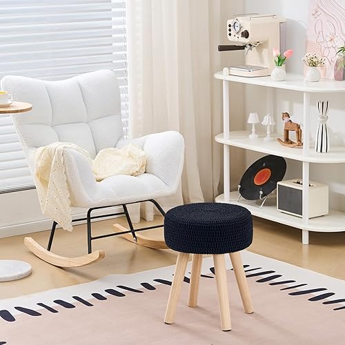 Miniatura 2 de Wimarsbon Puf otomano, reposapiés bohemio de punto 100% algodón, reposapiés redondo con patas de madera antideslizantes, decoración del hogar, puf