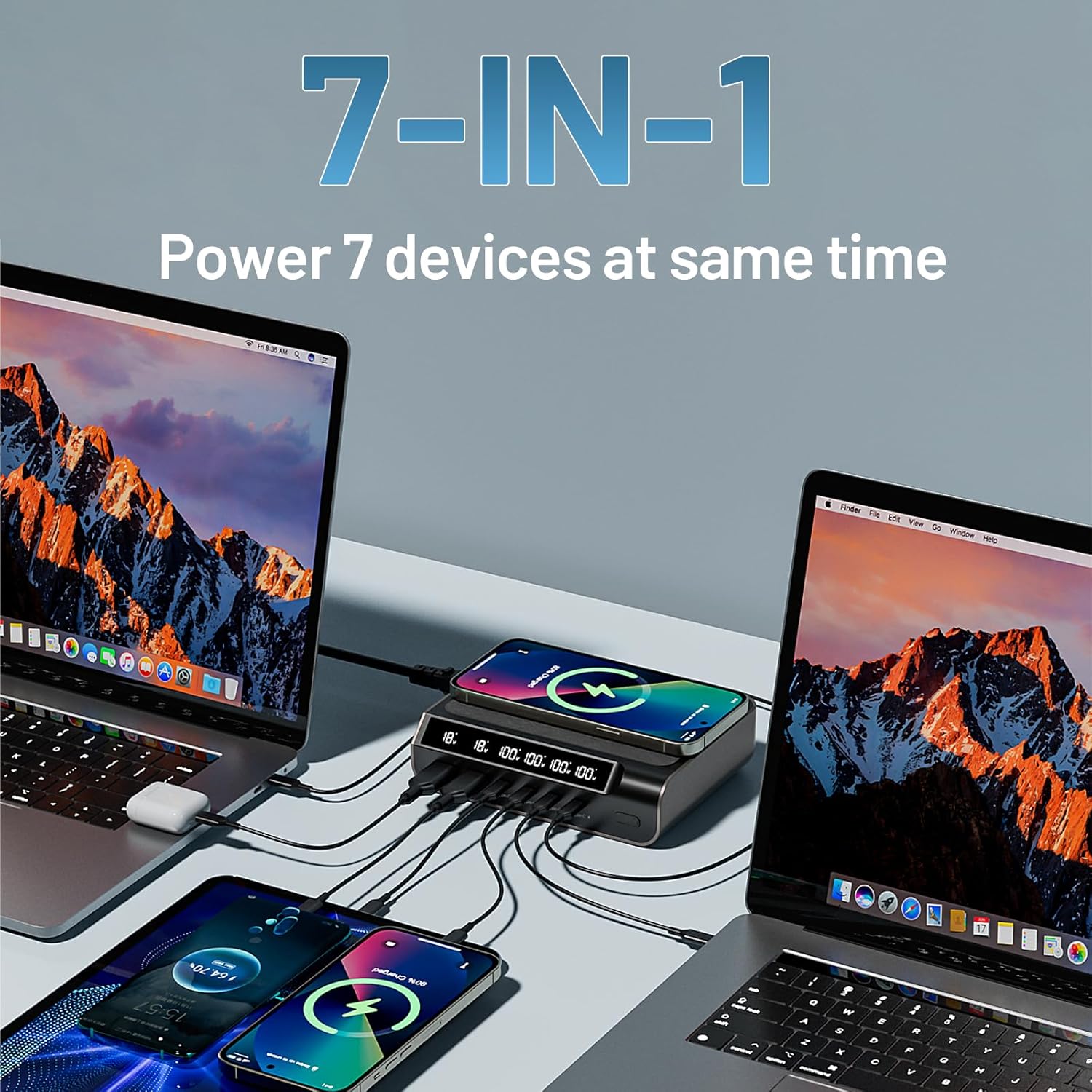 Compact 240W USB C GaN Charger - 6 Ports With Digital Display Screen, Fast Charging Multi-Port Station for Phones, Tablets, Laptops (Dark Green)