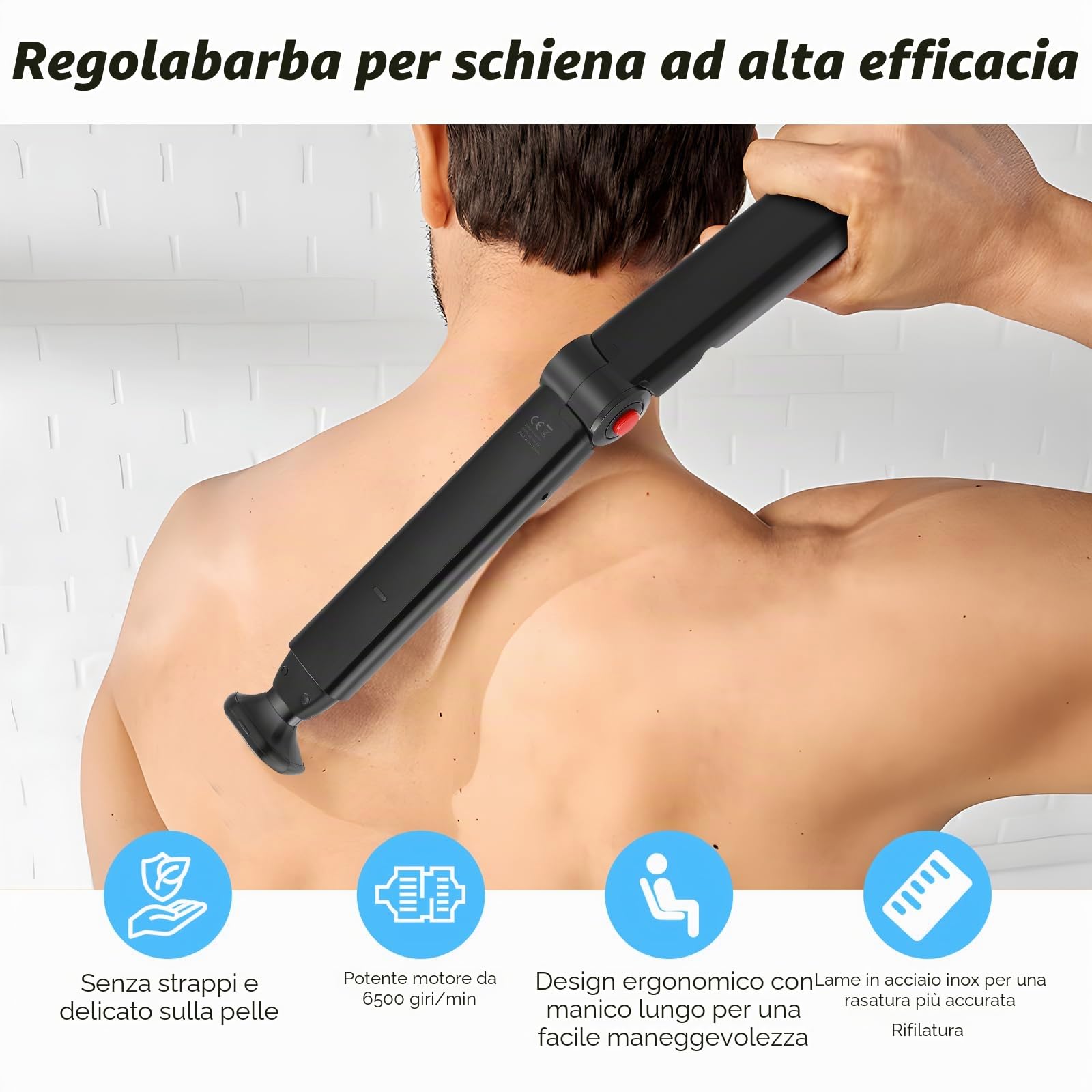 Rasoio elettrico per la schiena da uomo, con 2 testine di rasatura rimovibili e allungamento del braccio ergonomico, pieghevole, per la cura della schiena, del viso, del petto e delle spalle