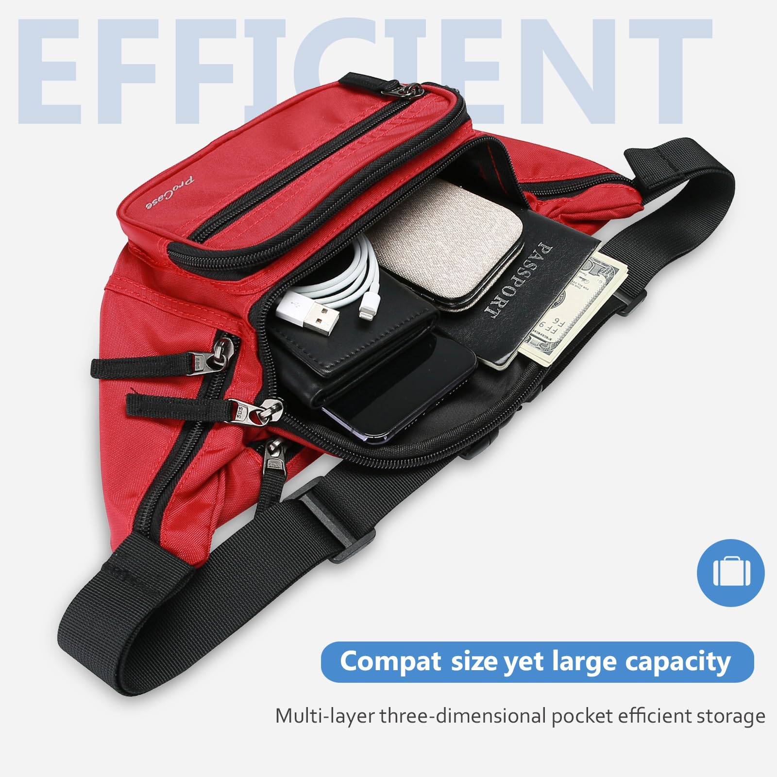 ProCase Marsupio Uomo Nero con 6 Tasche, Marsupio da Lavoro Sportivo Viaggio Trekking, Fanny Pack Bag in Nylon con Cinturino Regolabile e Fibbia a Sgancio Rapido