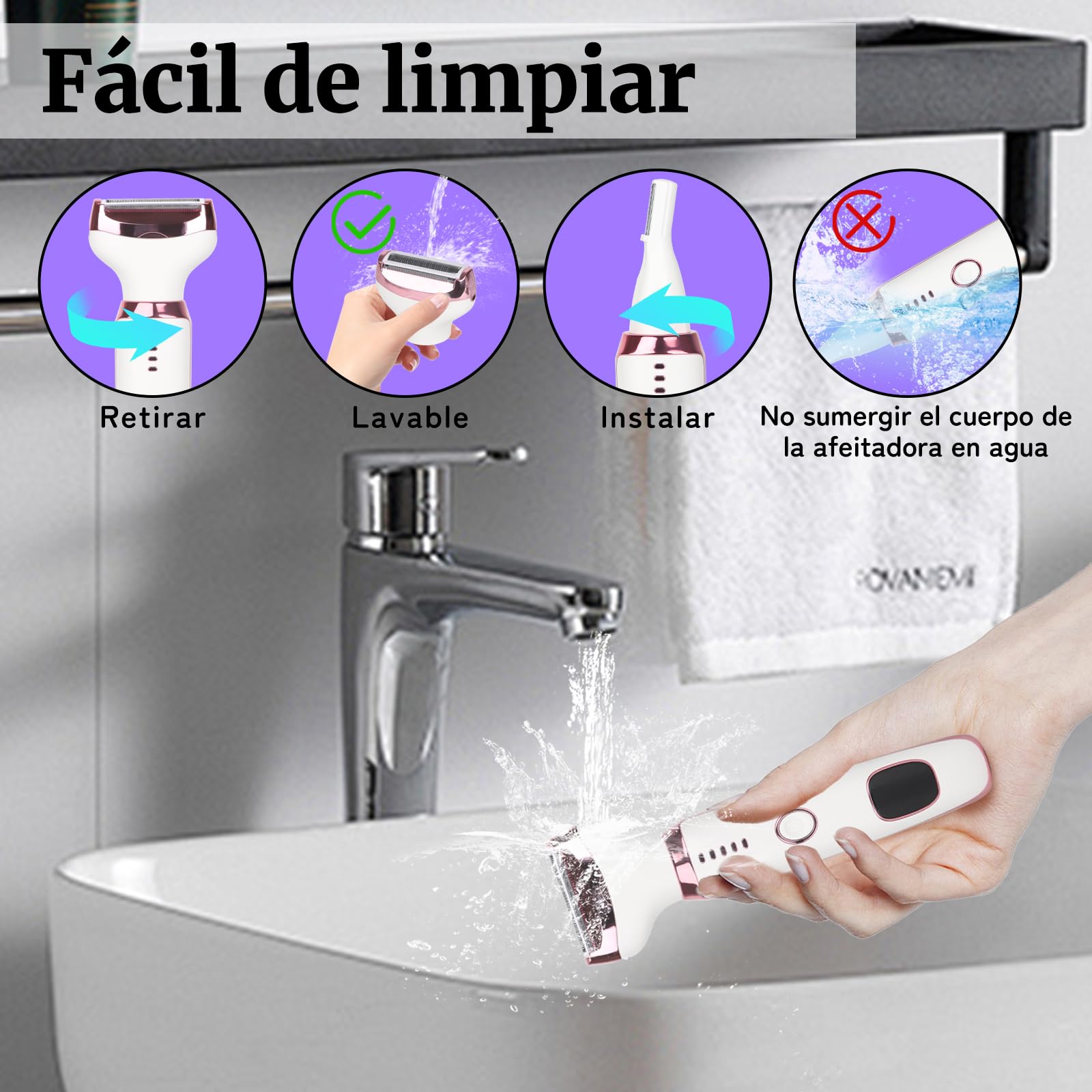 Afeitadora Eléctrica para Mujer con Pantalla LED, Afeitadora Femenina IPX7 Impermeable Uso Húmedo y Seco, Kit de Cuidado Eléctrico 4 en 1 Inalámbrico para Bikini, Rostro (Rosa)