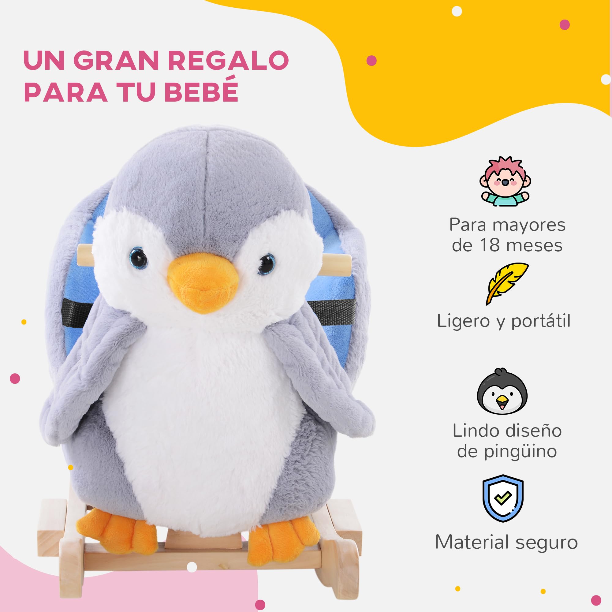 HOMCOM Caballito Balancín para Bebés de +18 Meses Forma de Pingüino Caballito Balancín de Madera con Asas Cinturón de Seguridad y Músicas Carga 40 kg 60x33x50 cm Gris