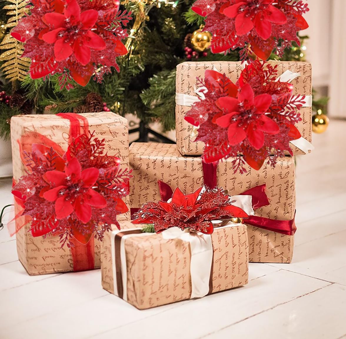 18 PCS Poinsettia Flowers Artificial Poinsettias with Clips, Christmas Tree Flowers Decoration, Christmas Ornaments Glitter Poinsettia DIY Xmas Holiday Decor Red thumbnail