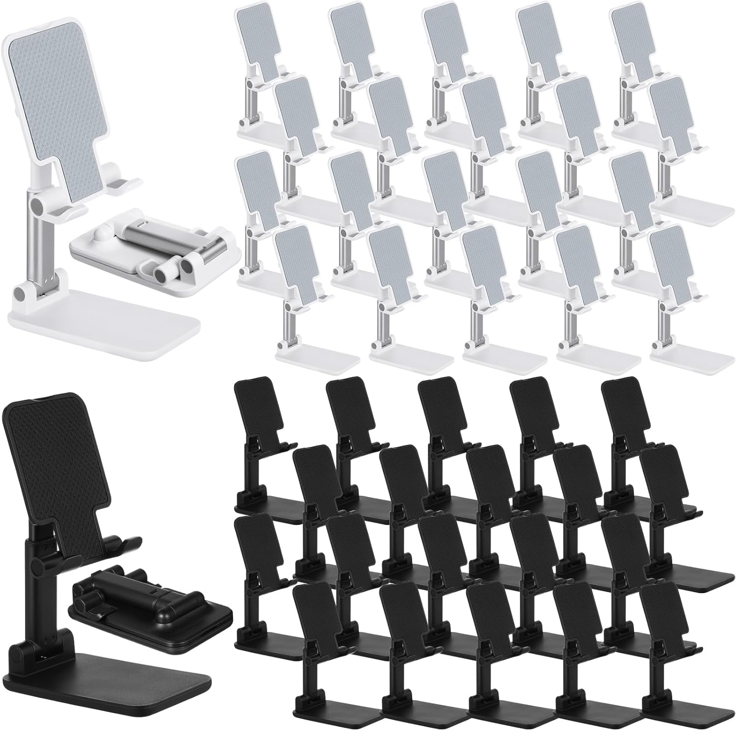 24 Pcs Cell Phone Stand Desk Table Adjustable Angle Height Phone Stand Foldable Portable Mobile Holder Silicone Pad Smartphone Tablet Holder Bulk for Office Travel Filming (White,Black)