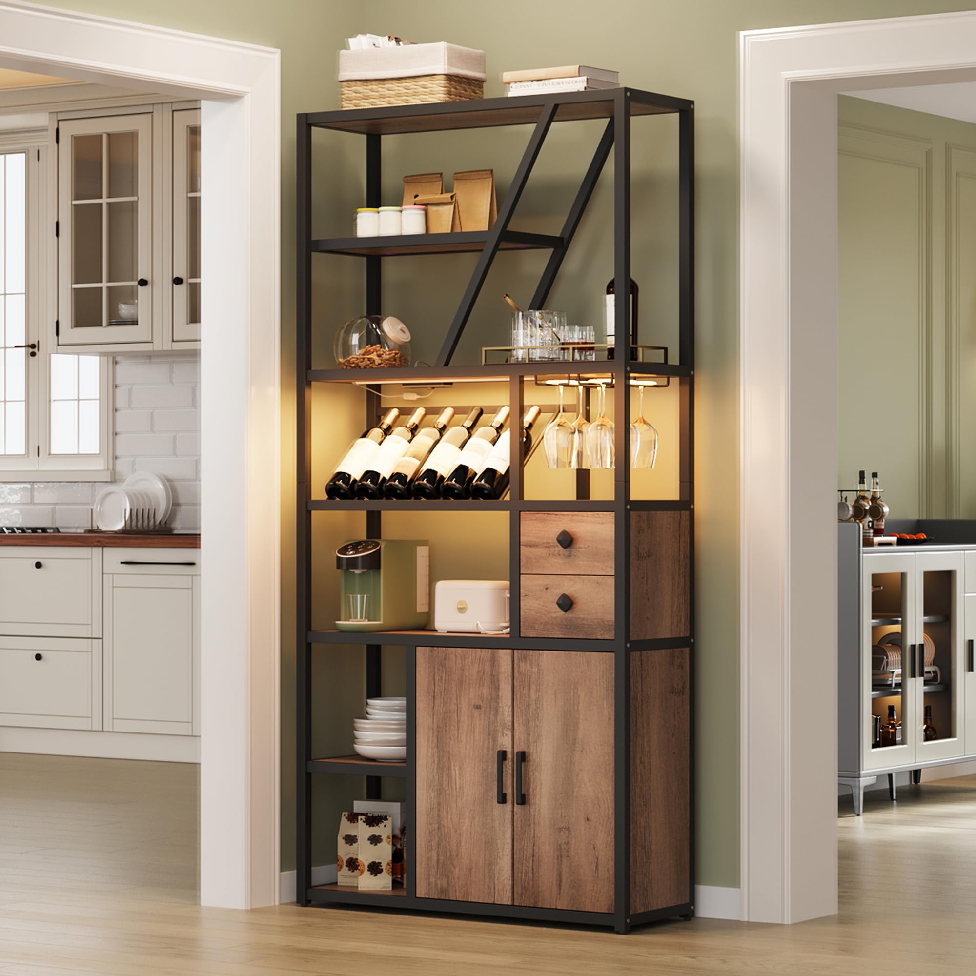 Amyove Freestanding Wine Rack, Wine Bottle Holders Stands, Coffee Bar Storage Organizer Display Rack Table for Kitchen, Dining Room, Small Spaces