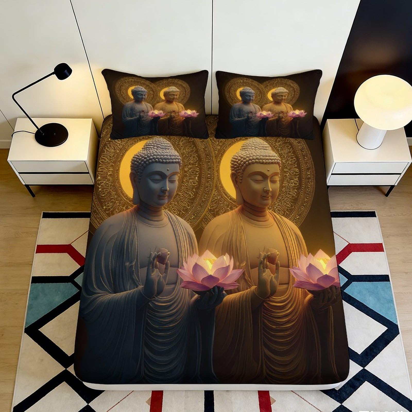 3D Printed Buddha Lotus Fitted Sheet Microfiber Non Slip Bed Cover Zen Bedroom Decor for Home Guest Room 90x200x25cm