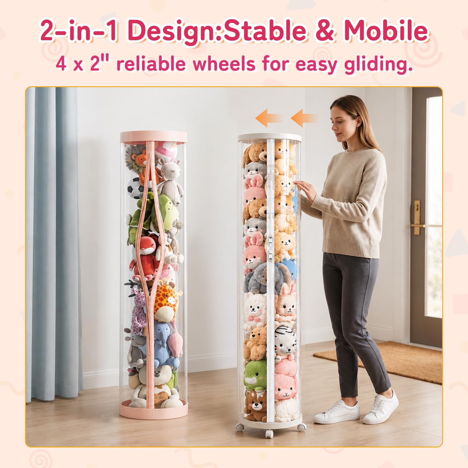 Tubo de almacenamiento mejorado para animales de peluche, organizador de felpa alto (150 cm) con 4 ruedas, cubo transparente de PET rosa y doble cremallera, almacenamiento de juguetes que ahorra