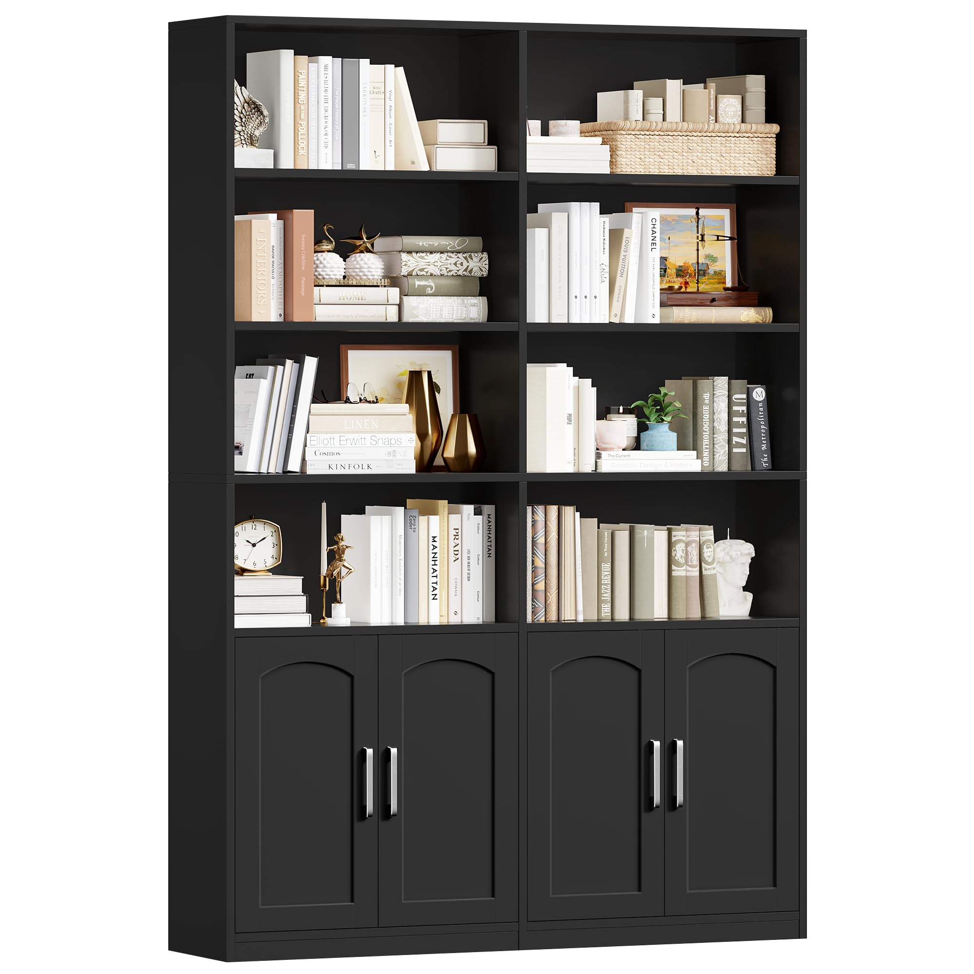 FirFurd 185,5 cm Bücherregal Bücherschrank mit Türen Regal 12 Fächern Vitrinenschrank Standregal Hochschrank für Wohnzimmer Büro Küche 115 x 27 x 185,5 cm schwarz