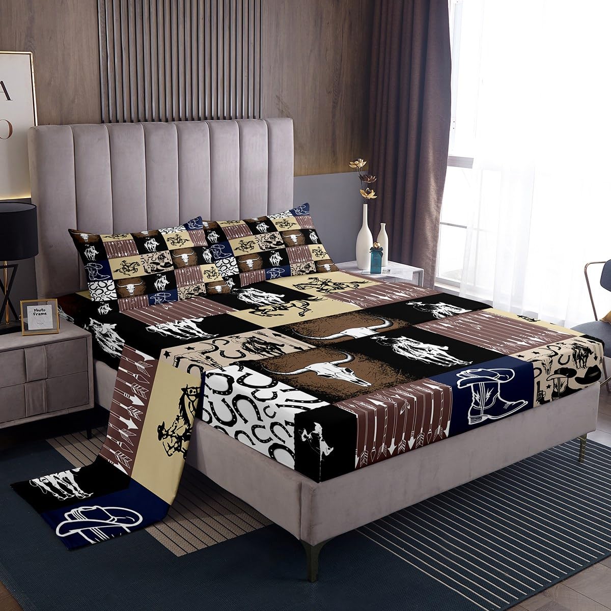 Feelyou Western Bed Sheets Cowboy Bedding Set for Boys Men Teens Bull Skull Horse Arrow Print Sheet Set Geometric Grid Brown Blue Plaid Decor Bed Set Room 3Pcs King Size