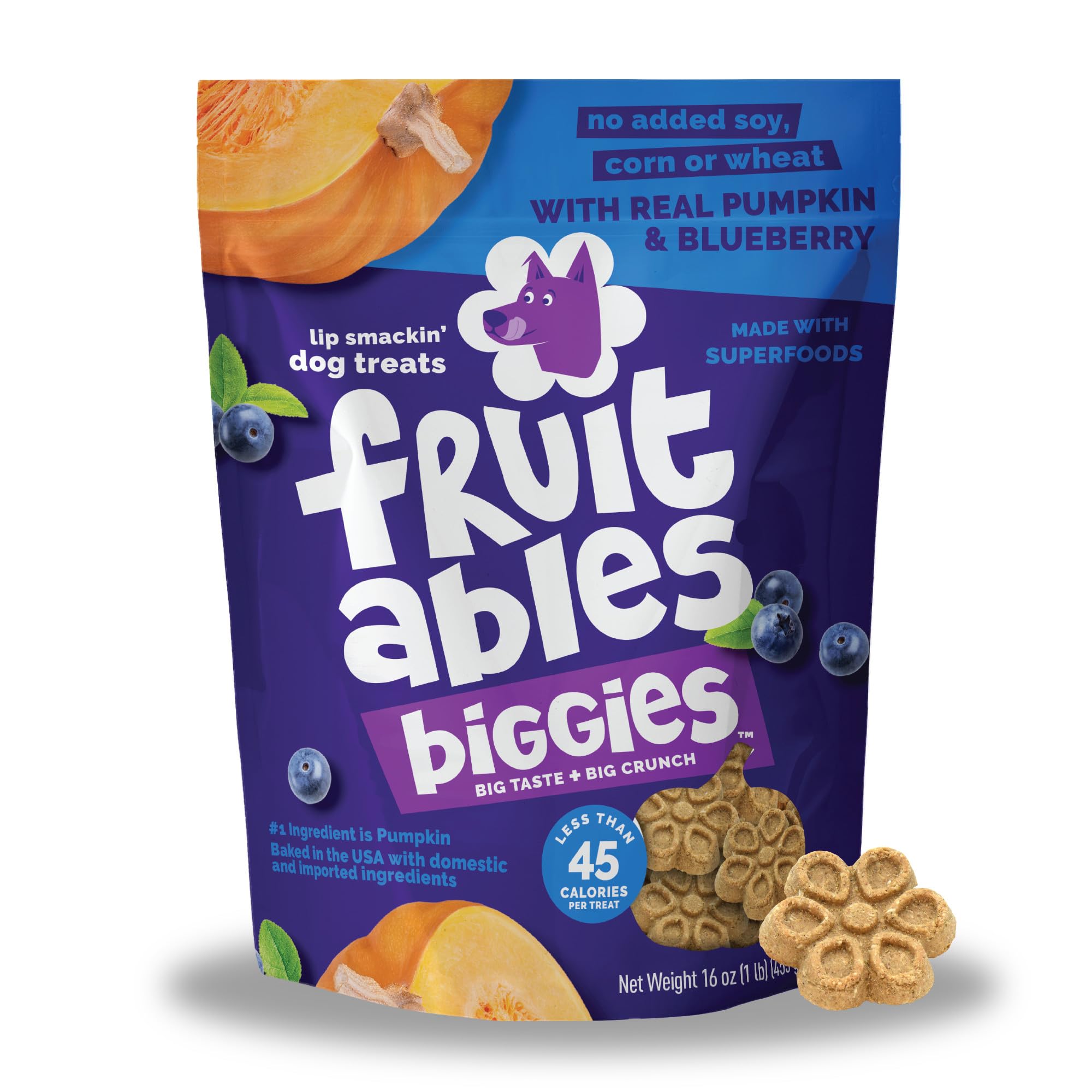 Fruitables Biggies Dog Biscuits, Healthy Treats for Dogs, Doggie Biscuits, Crunchy Pumpkin Treats, Made Without Wheat, Corn and Soy, Made in The USA, Pumpkin and Blueberry Flavor, 16oz