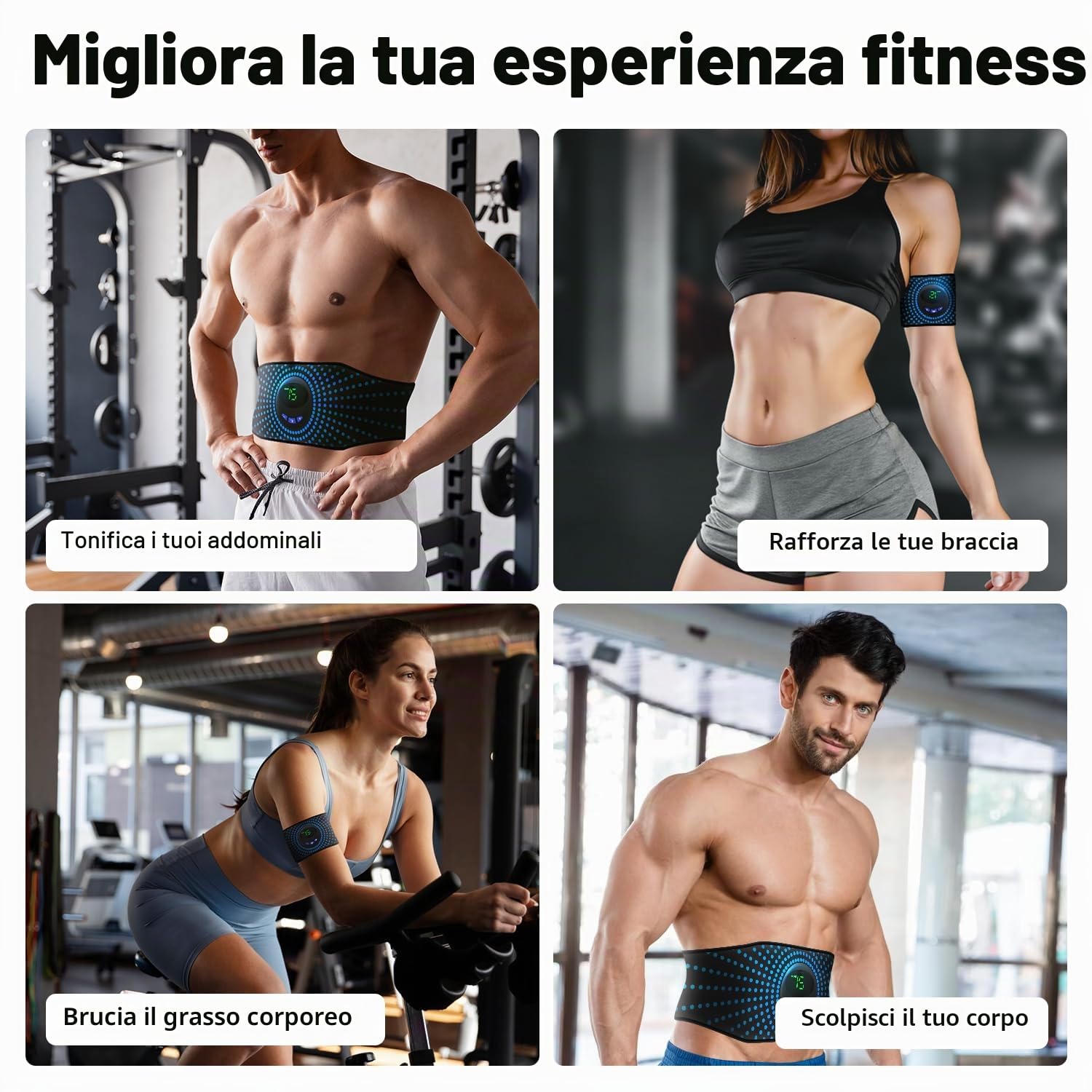 EMS addominali elettrostimolazione, cintura muscolare addominale con 2 bande di elettrostimolazione per braccia e gambe, tonificazione e rafforzamento muscolare, per uomini e donne.