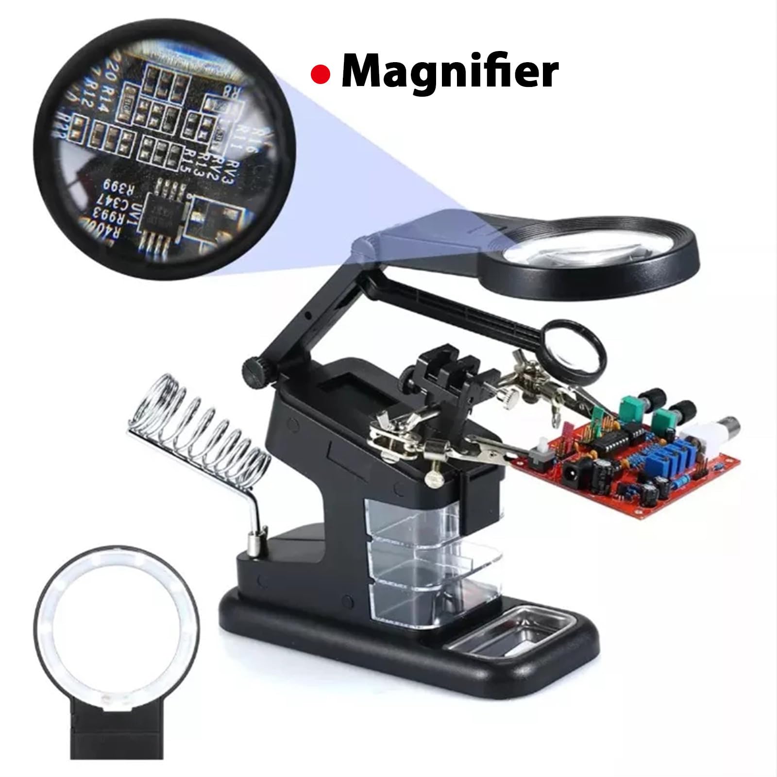 Lampada da Scrivania Pinza USB per Saldatura e Riparazioni Elettroniche 10 Led, Lente di Ingrandimento Acrilica e Braccio Regolabile in Metallo Nero