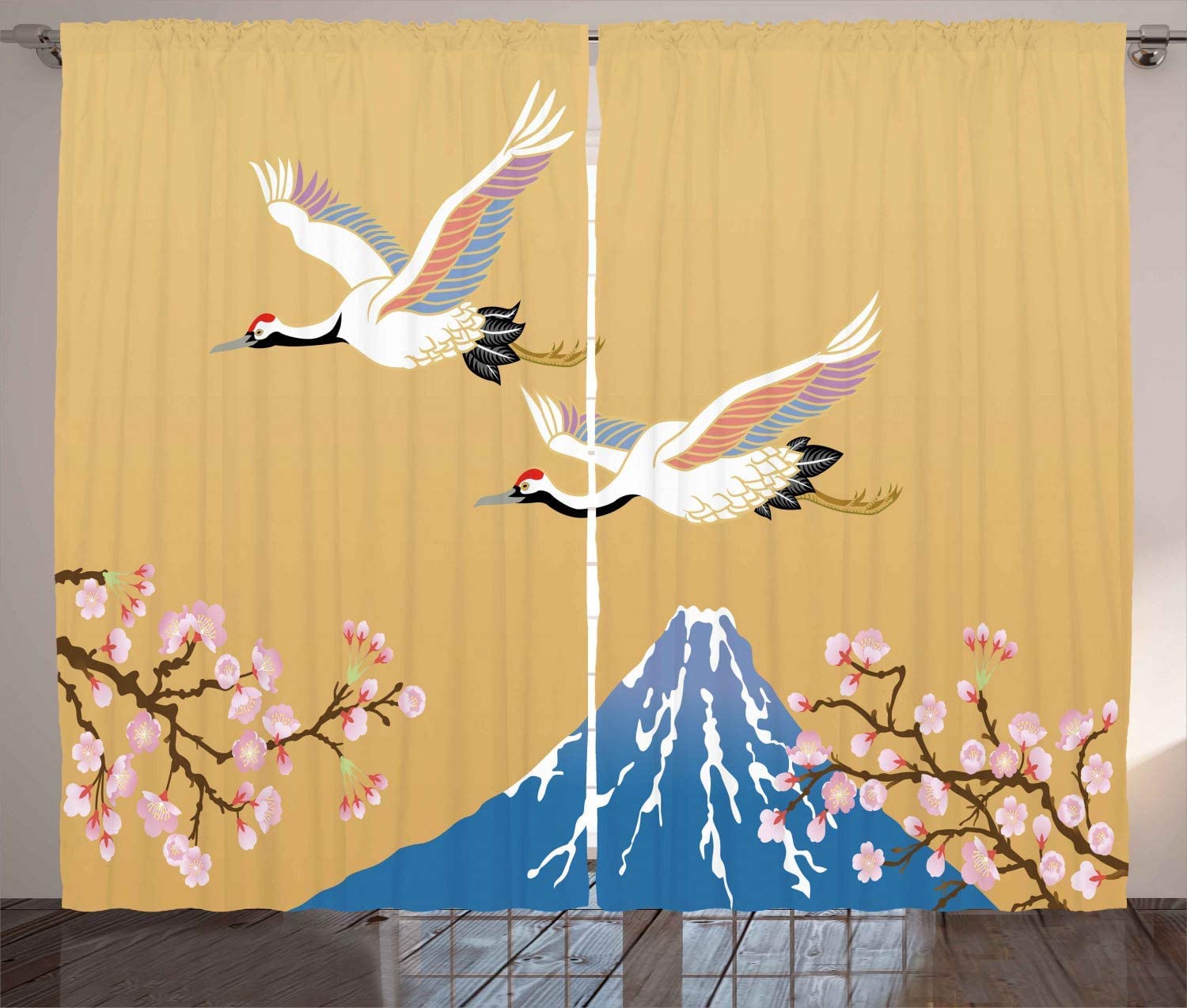 YUANCHENG Window Curtains Crane Flying Hill Mountain and Cherry Blossoms Design Living Room Decor Bedroom Blue Mustard