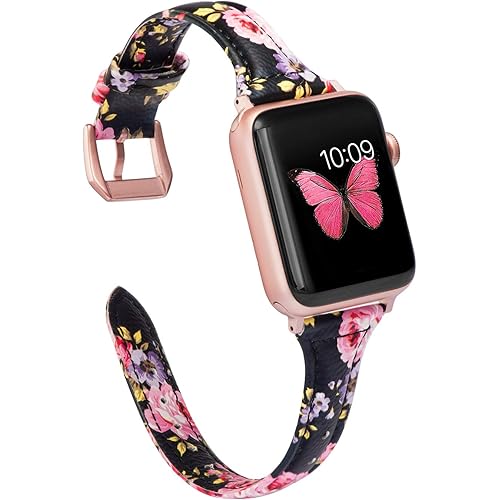 Wearlizer Thin Leather Black Pink Floral Compatible with Apple Watch Bands' 42mm 44mm 45mm for iWatch SE Womens Top Leather Slim Strap, Female Flower Wristband (Rose Gold Clasp) Series 7 6 5 4 3 2 1