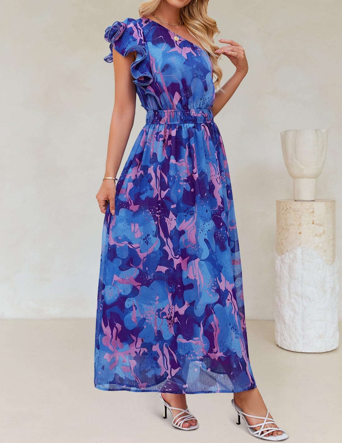 ZESICA Women's 2026 Boho Floral Sleeveless Maxi Dress Ruffle One Shoulder Elatsic High Waist Beach Party Long Dresses - Image 6