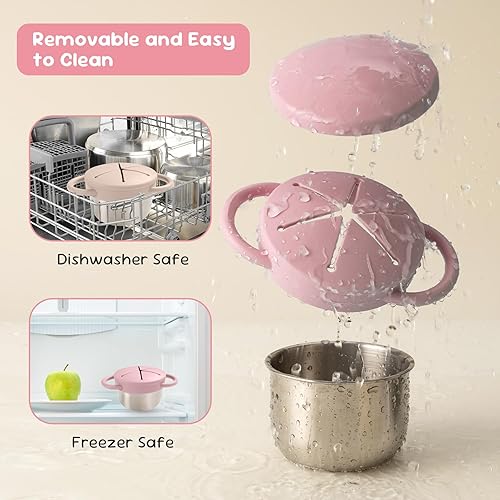 Miniatura 6 de Paquete de 2 recipientes de aperitivos para niños pequeños, vasos de aperitivos de acero inoxidable con atrapador de alimentos y tapas de silicona,