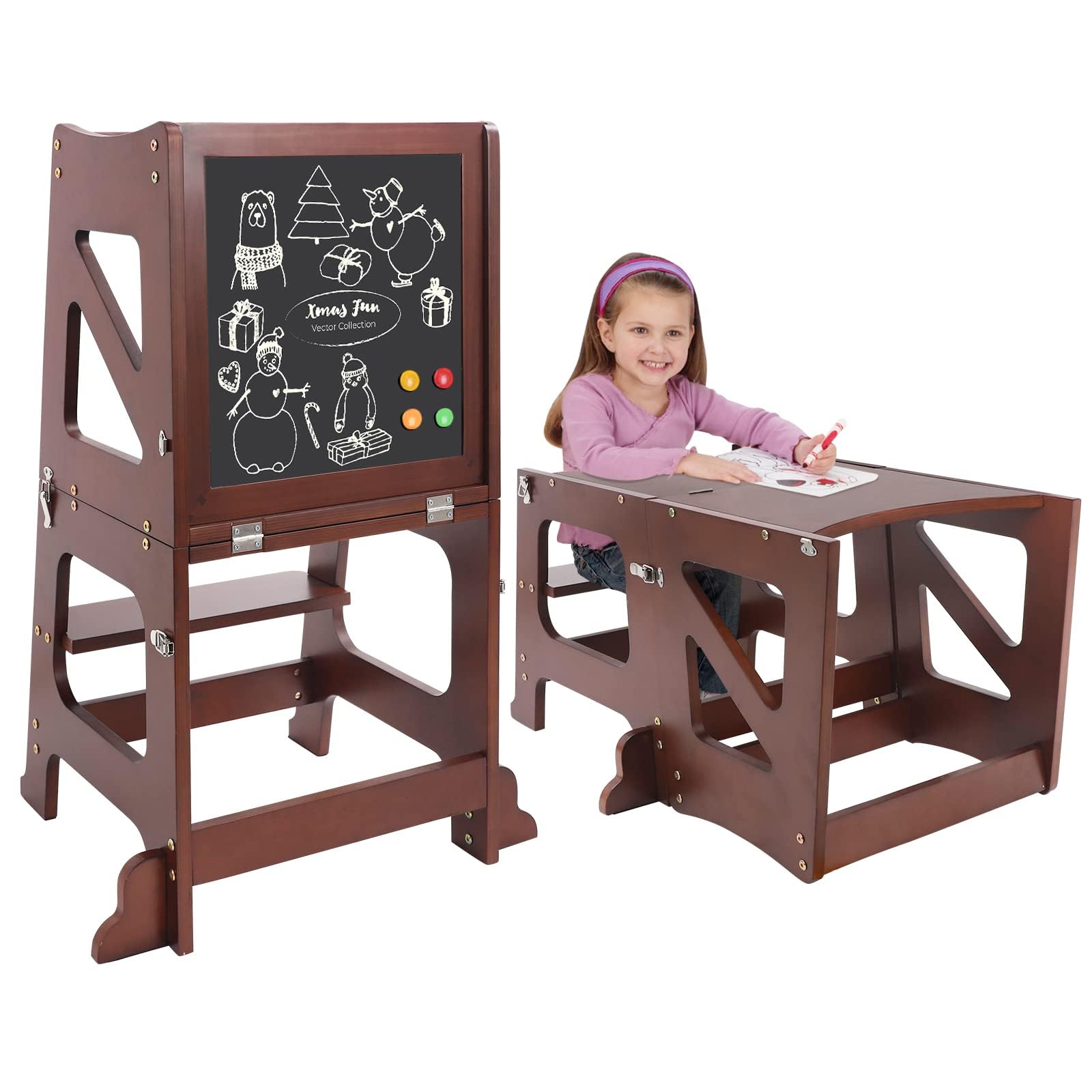 YOLEO Torre Montessoriana Learning Tower Pieghevole, Torre di Apprendimento per Bambini, Pedane Alzabimbo con Lavagna Magnetica Bifacciale, Trasformabile in Banco Scuola (Noce)