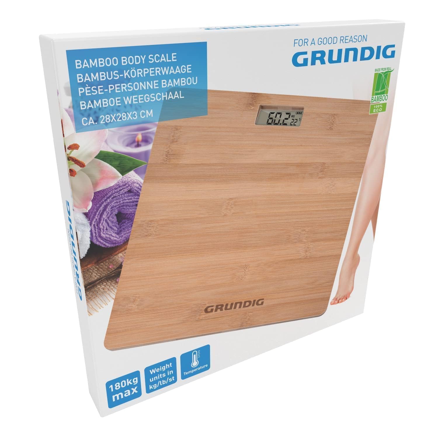 Grundig Bilancia pesapersone – Bilancia digitale in bambù – Max. 180 kg – Bilancia con piedini antiscivolo – Misura in KG, LB e ST