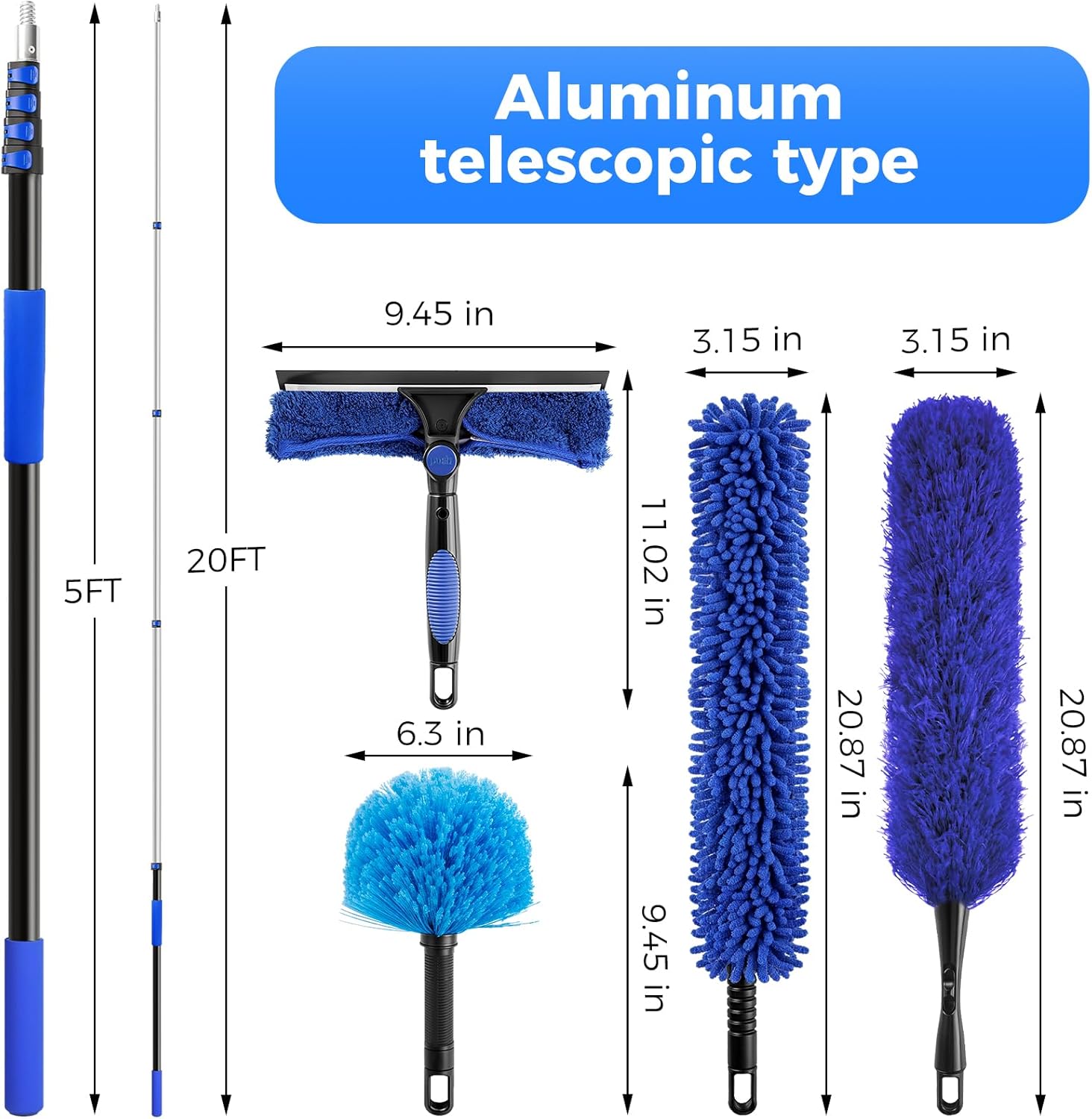 26ft High Reach Duster Kit, Aluminum 5-20ft Fan & Window Cleaner Set, Versatile Dusting Set with 5 Replaceable Heads for Cleaning Fans, Windows, and Hard-to-Reach Areas Outdoors Without Ladder