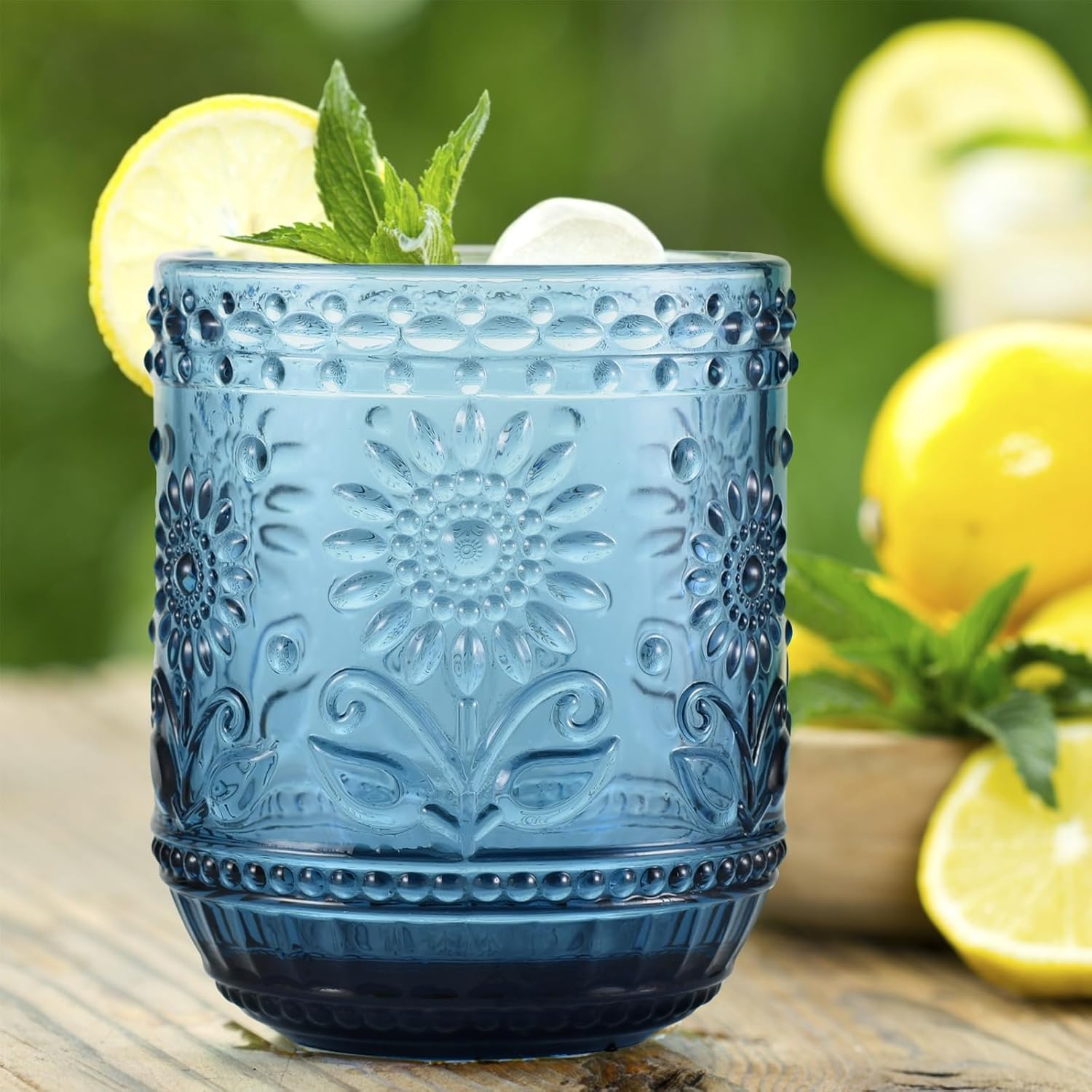 Floral Embossed Water Glasses 12 Oz, Vintage Drinking Glasses Set of 4, Colored Glass Tumblers (Blue) - Image 5