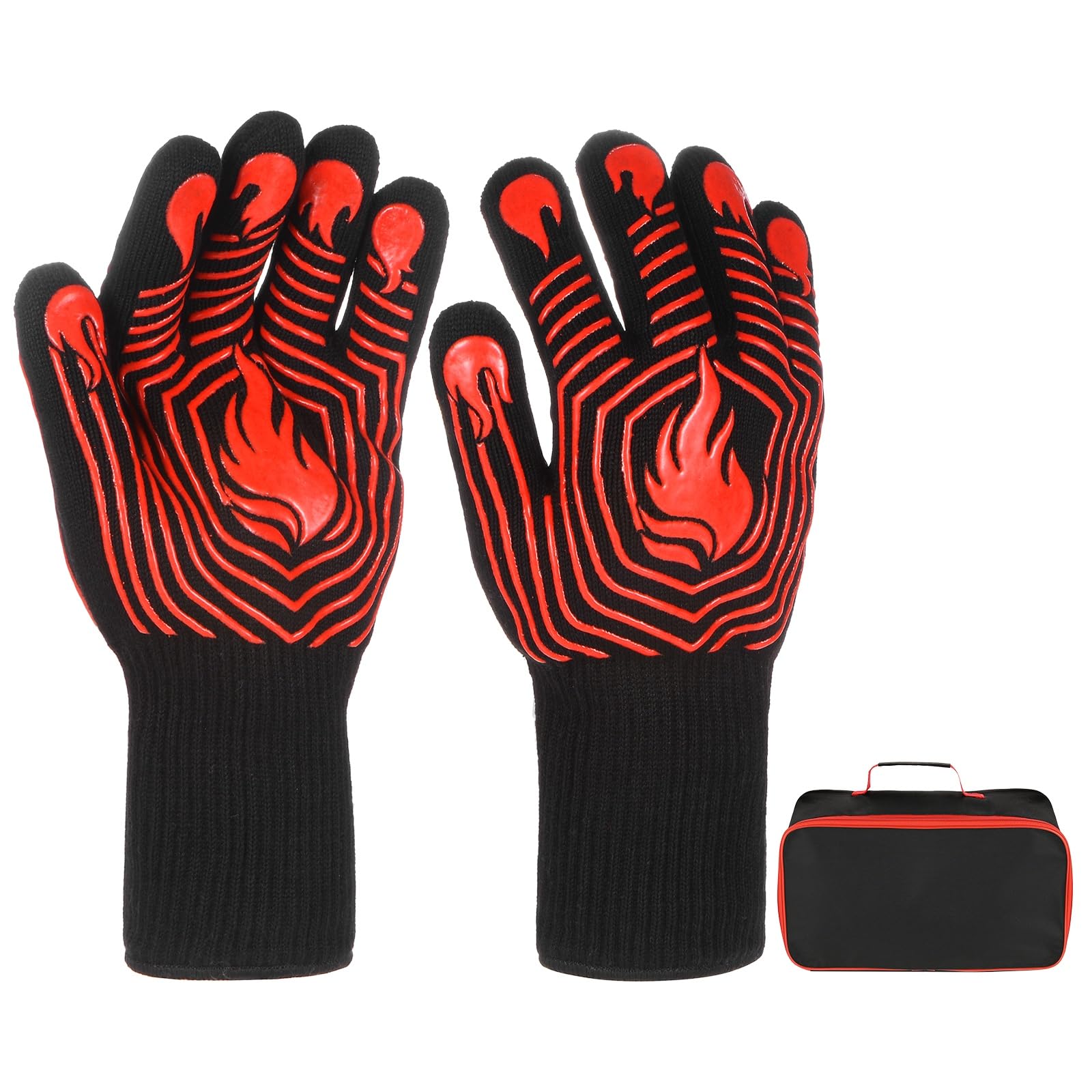 M METERXITY 1 par de guantes para barbacoa, resistentes al calor, antideslizantes, resistentes al calor, para parrilla, hornear, cocinar, con bolsa de almacenamiento [tipo llama, rojo]