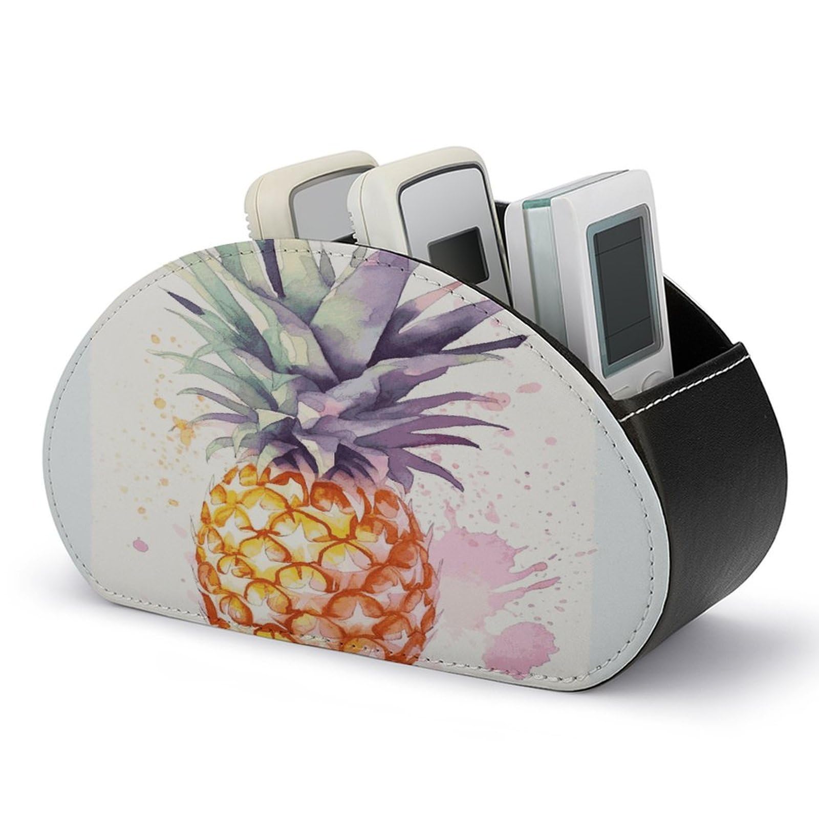FekiLoot Pineapple TV Remote Control Holder with 5 Compartments Multi-functional Leather Bedside Table Remote Caddy Desktop Storage Box for Store Pen Controller Media Player Cosmetic