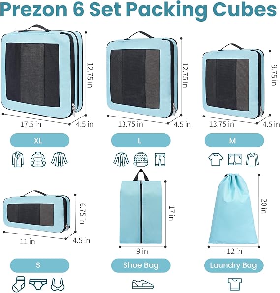 Compression Packing Cubes for Carry on Luggage, Full Open & Mesh Visible Design, 6 Set Expandable Travel Packing Organizer with Laundry Bag and Shoe bag for Vacation, Camping, Business