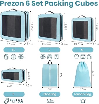 Compression Packing Cubes for Carry on Luggage, Full Open & Mesh Visible Design, 6 Set Expandable Travel Packing Organizer with Laundry Bag and Shoe bag for Vacation, Camping, Business