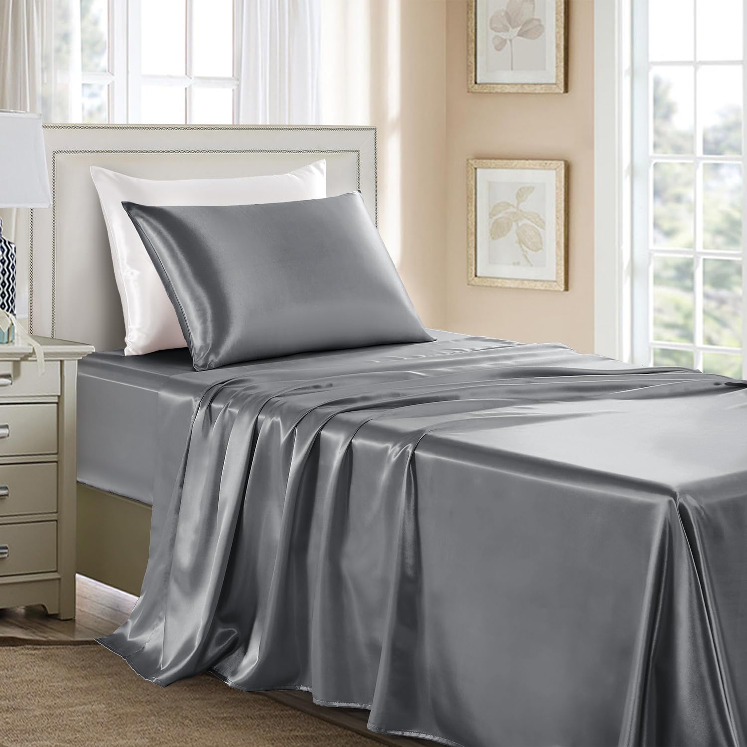 GOLAL Satin Sheets Twin XL Size - 3 Pieces Luxury Silky Soft Bed Sheets, Wrinkle-Free Dark Grey Satin Silk Sheet Set with 1 Deep Pocket Fitted Sheet,