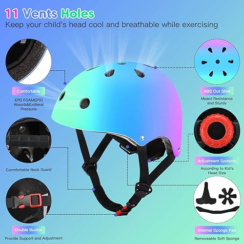Miniatura 8 de Casco de bicicleta para niños, casco deportivo para niños, conjunto de equipo de protección para niños y niñas, casco de ciclismo con rodilleras,