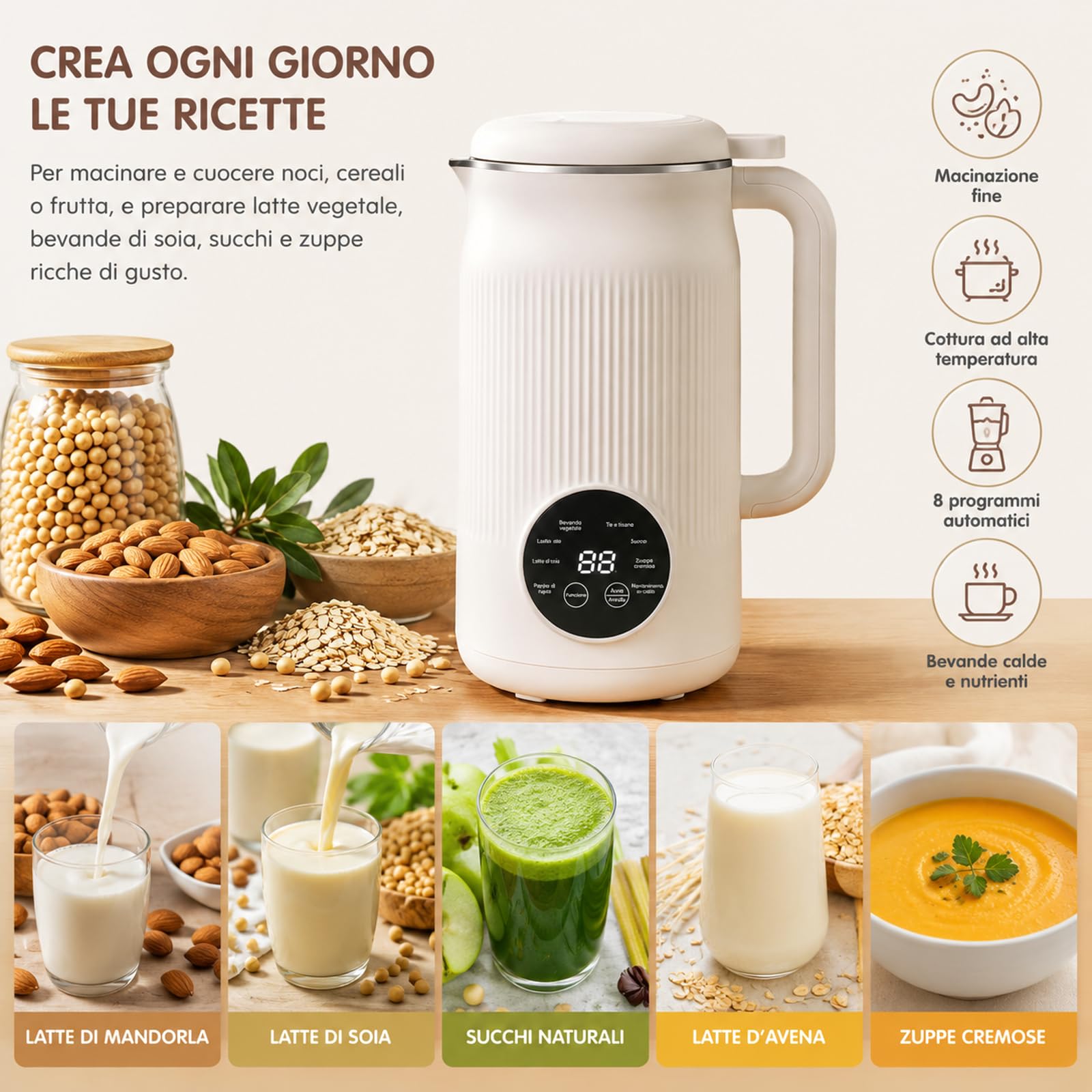 Vitamixia Macchina Multifunzione 8-in-1, Frullatore Estrattore per Bevande Vegetali, Latte di Mandorla e Soia, Robot da Cucina per Frullati, Vellutate e Succhi, Cleenovia Design (#A)