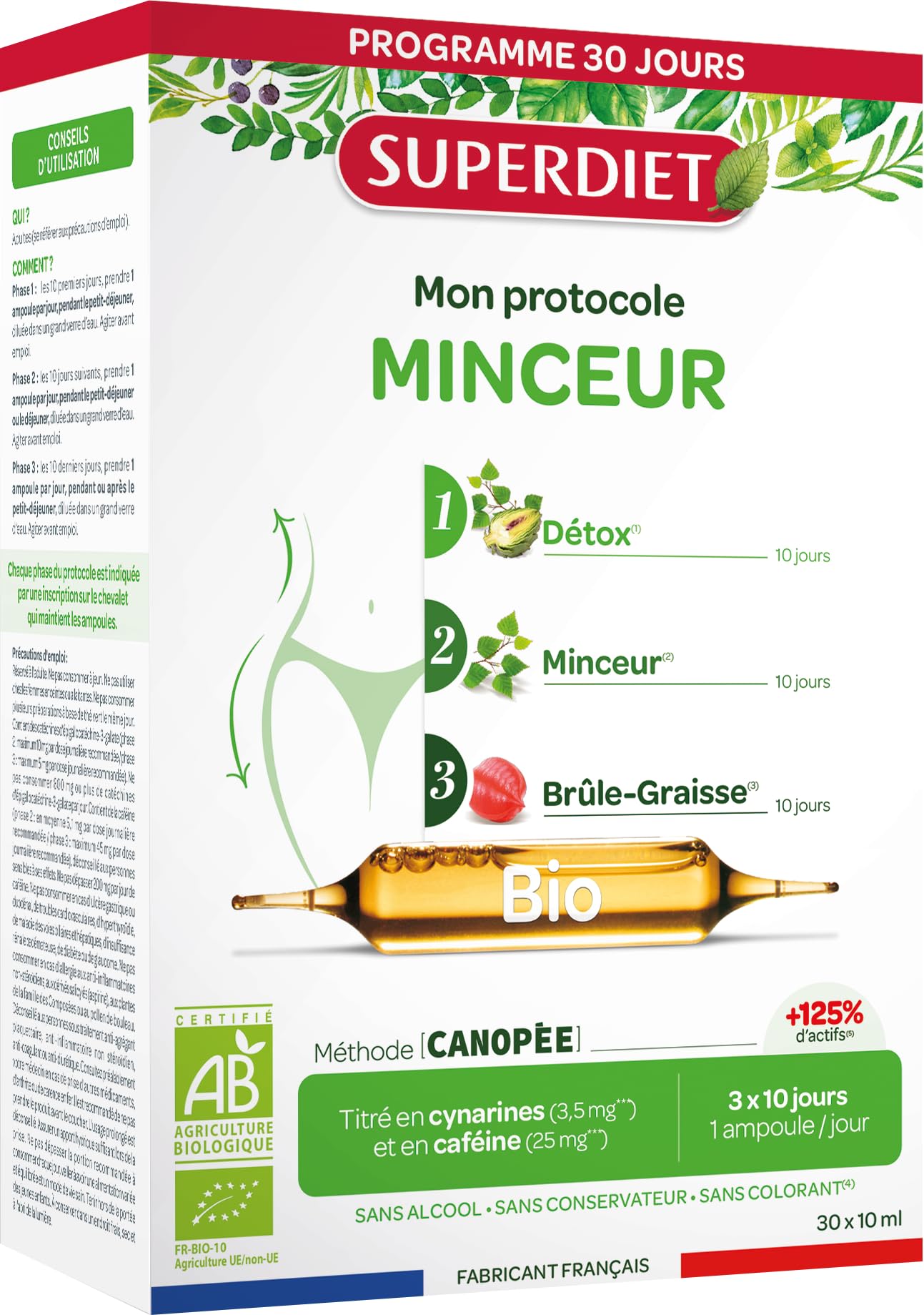 SUPERDIET – PROTOCOLE MINCEUR BIO – 3 Phases progressives : Détox, Minceur, Brûle-​Graisse – Fabrication française – 10 plantes – 30 ampoules de 10 ml
