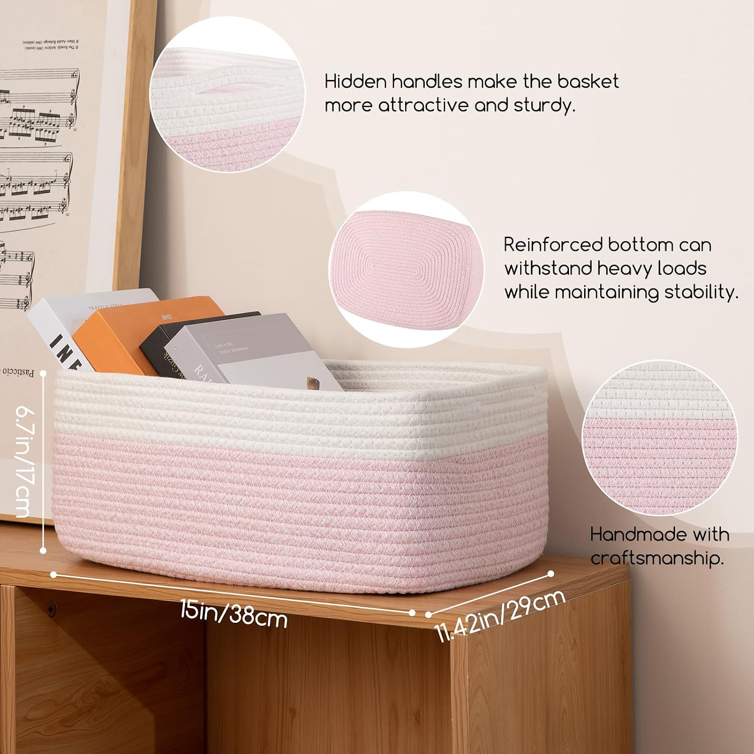 OIASKET Storage Baskets for Organizing 3 Pack, Woven Baskets for Shelves, Closet Organizer Bins Empty Gift Basket Toy Storage for Toys, Books, Towels, Clothes, 15"x11.42"x6.7", Pink