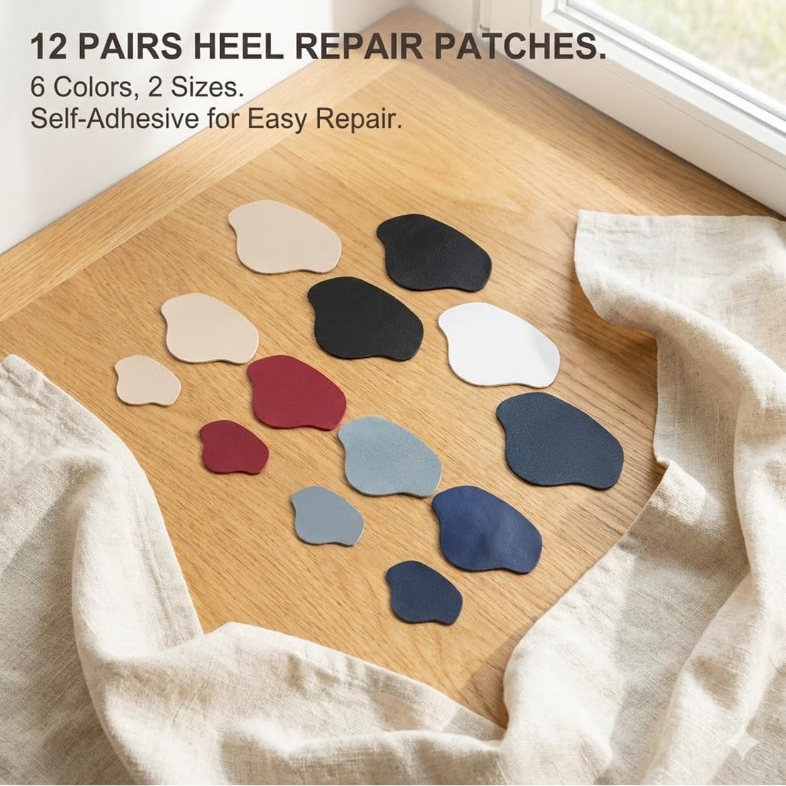 12 Paia di Patch Riparazione Sneaker, Autoadesive per Riparazione Talloni, Kit Patch Anti-Buchi per Scarpe da Ginnastica, Scarpe in Pelle, Tacchi Alti (2 Misure) (6 Colori)