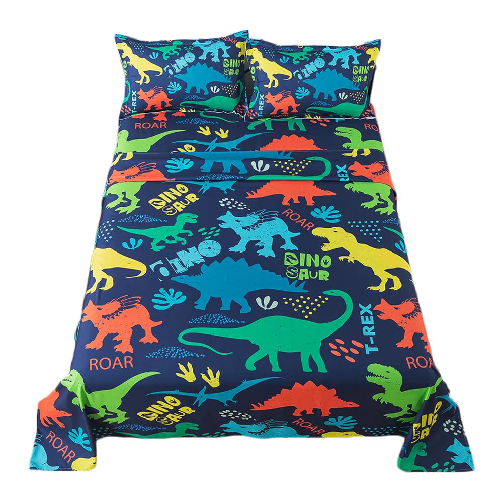 qjmiaofang Dinosaur Sheets Full Size for Boys Dinosaur Sheet Set 4 Pieces T-Rex Bed Sheet Soft Microfiber Kids Children Jungle Dino Fitted Sheet with 2 Pillowcases for Home Decor
