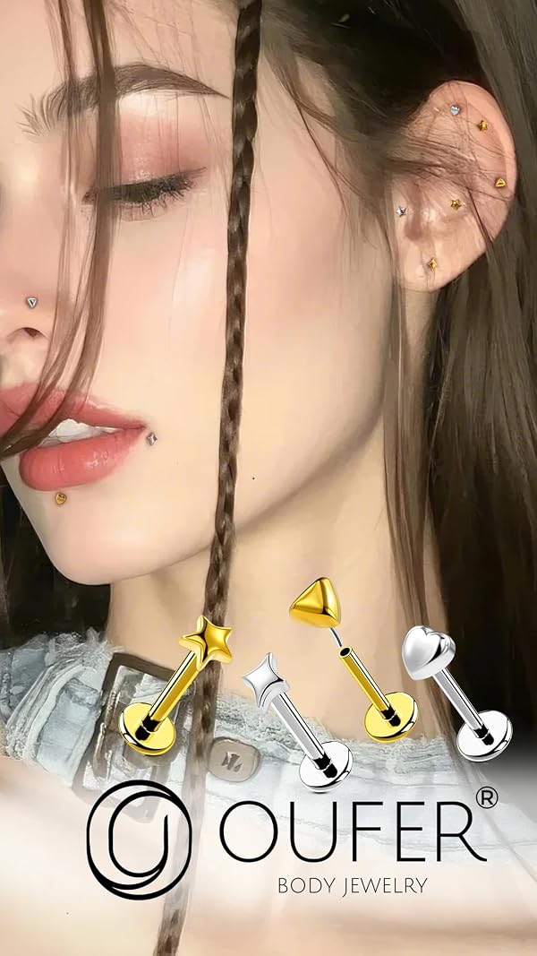 OUFER 16G 6mm G23 Titanium Star Flat Back Threadless Stud, Silver Push-Pin Piercing Jewelry for Tragus, Helix, Cartilage, Labret, Monroe – Lightweight Unisex Design by OUFER - Used condition - US$9.99