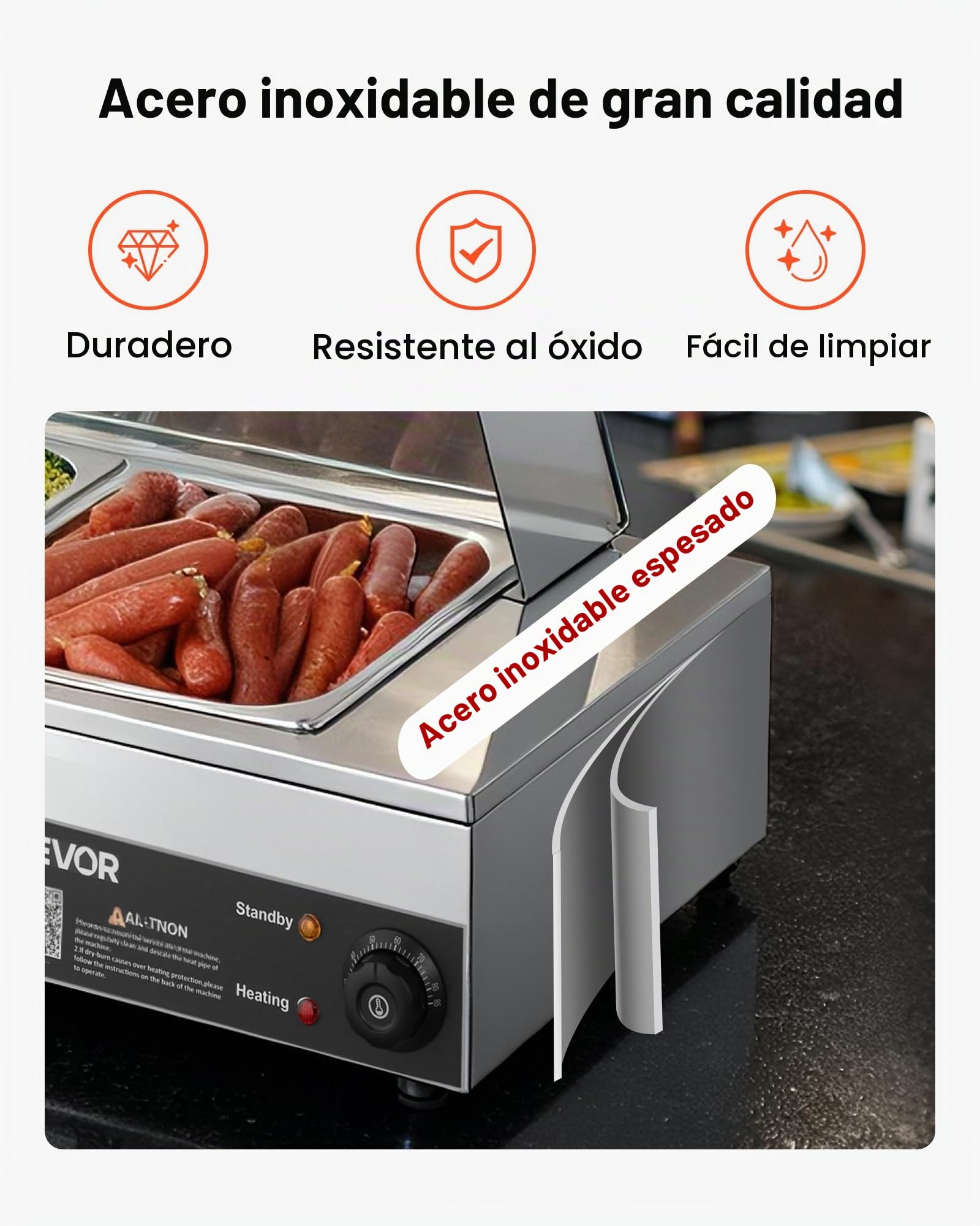 VEVOR Calentador de Alimentos Eléctrica, con Tapa de Vidrio y 5 Recipientes, 1,5 kW, de Acero Inoxidable, con Baño María, para Restaurantes, Fiestas y Bufés, 30-85 ℃, 1450 x 365 x 335 mm, Plata