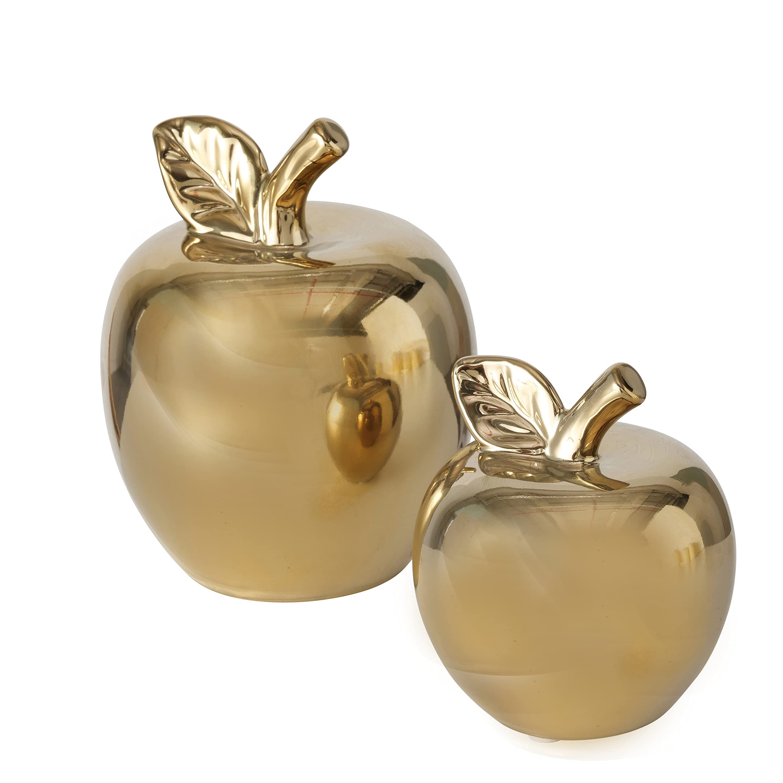 WHW Whole House Worlds Crosby Street Golden Apples, Set of 2, Porcelain, High Fired Golden Glaze, Leaf and Stem Details, 4.25 and 6 Inches